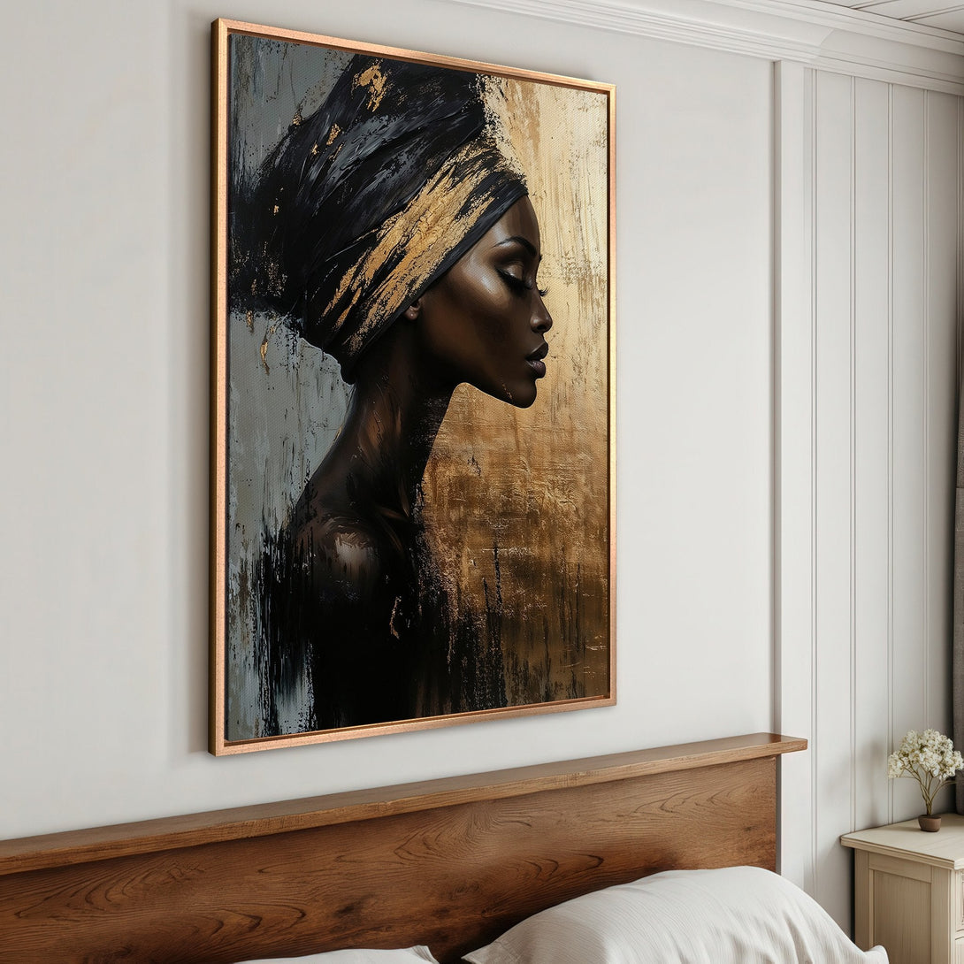 Framed Wall Art: Abstract portrait of a woman with a gold and black color palette. Modern art for bedroom decor.