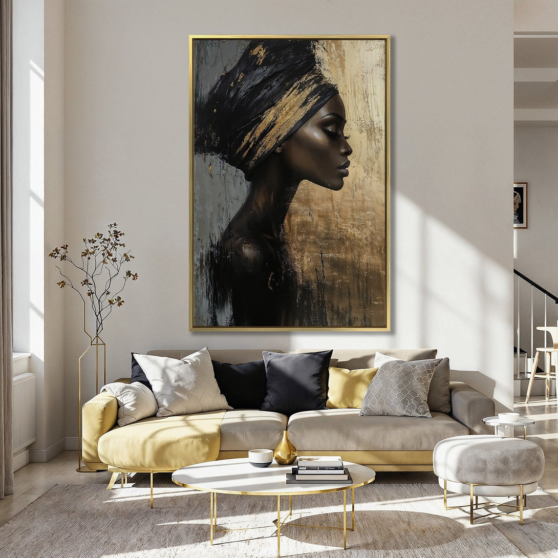 Canvas Print of an elegant Black woman in profile, abstract style with gold and black tones, displayed in a stylish interior.