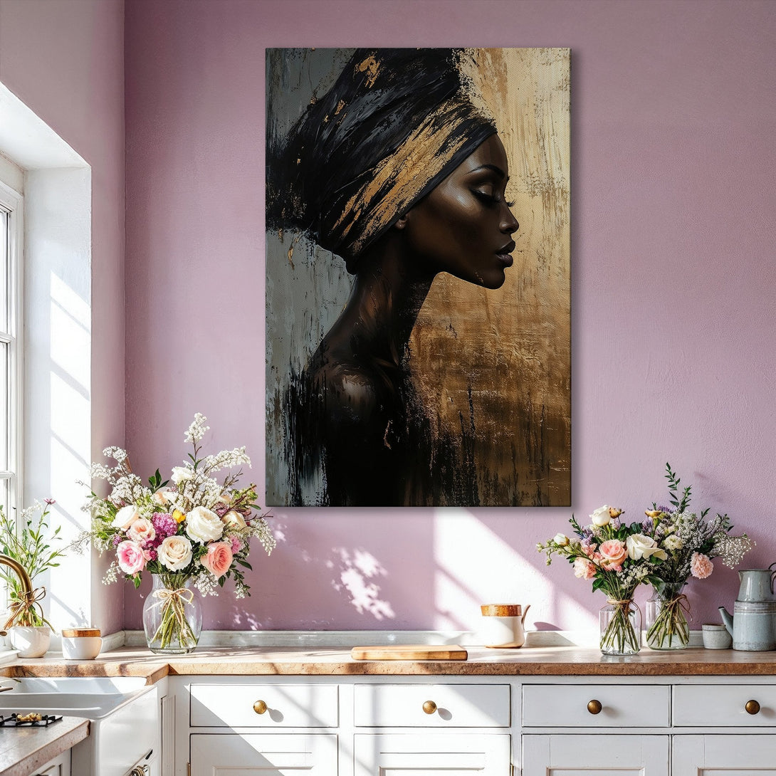 Framed Wall Art: Abstract portrait of a woman in black and gold. Modern canvas print with a neutral color palette, perfect for living room decor.