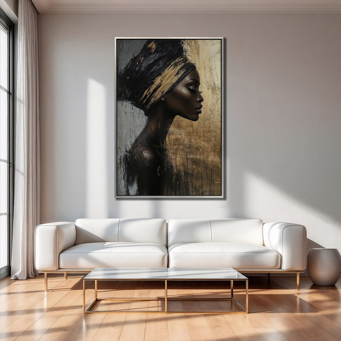 Framed Wall Art of a woman in profile, abstract style, featuring black, gold, and gray tones. Ideal for modern home decor.