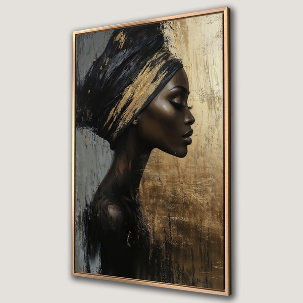 Framed Wall Art: Abstract portrait of a woman in black and gold. Modern art canvas print with a luxurious, textured finish.