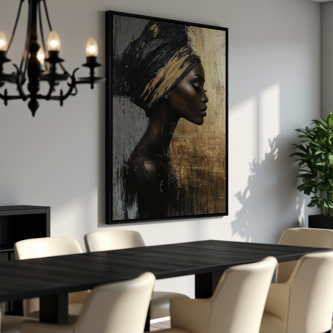 Framed Wall Art featuring an elegant woman in profile, abstract style, with a gold and black color palette. Perfect for modern interior decor.