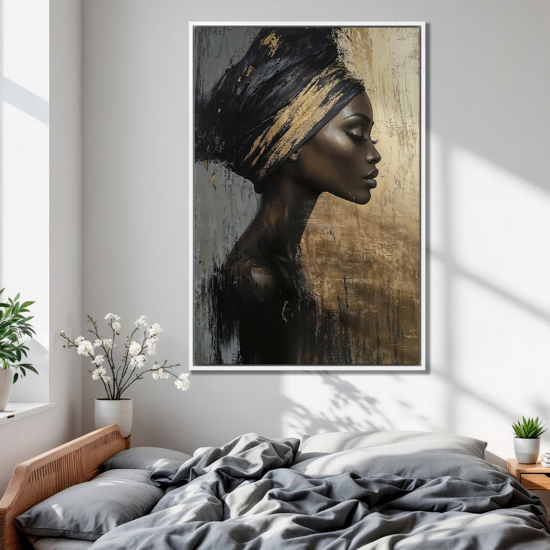 Framed Wall Art: Abstract portrait of a woman in gold and black, displayed in a modern bedroom. Enhance your space with this elegant canvas print.