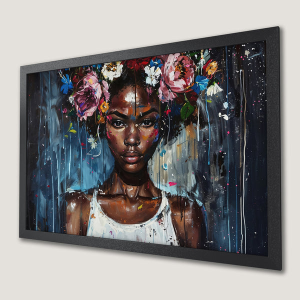 Framed Poster of a woman with floral crown, abstract art style, dark blue and colorful palette. Perfect wall art!