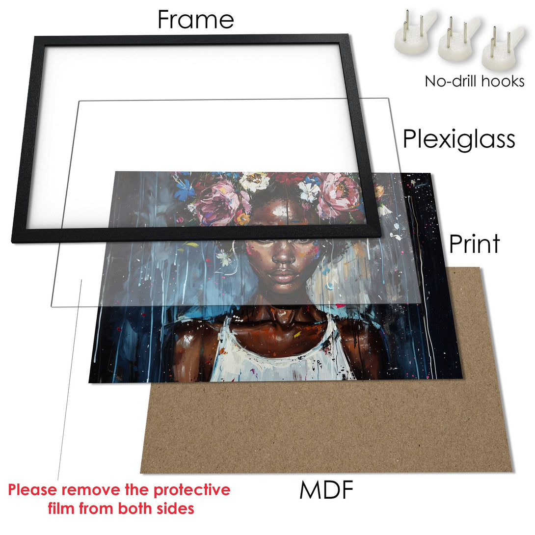Framed Poster featuring a Black woman with floral crown, artistic style, and a dark, moody color palette. Ready to hang!