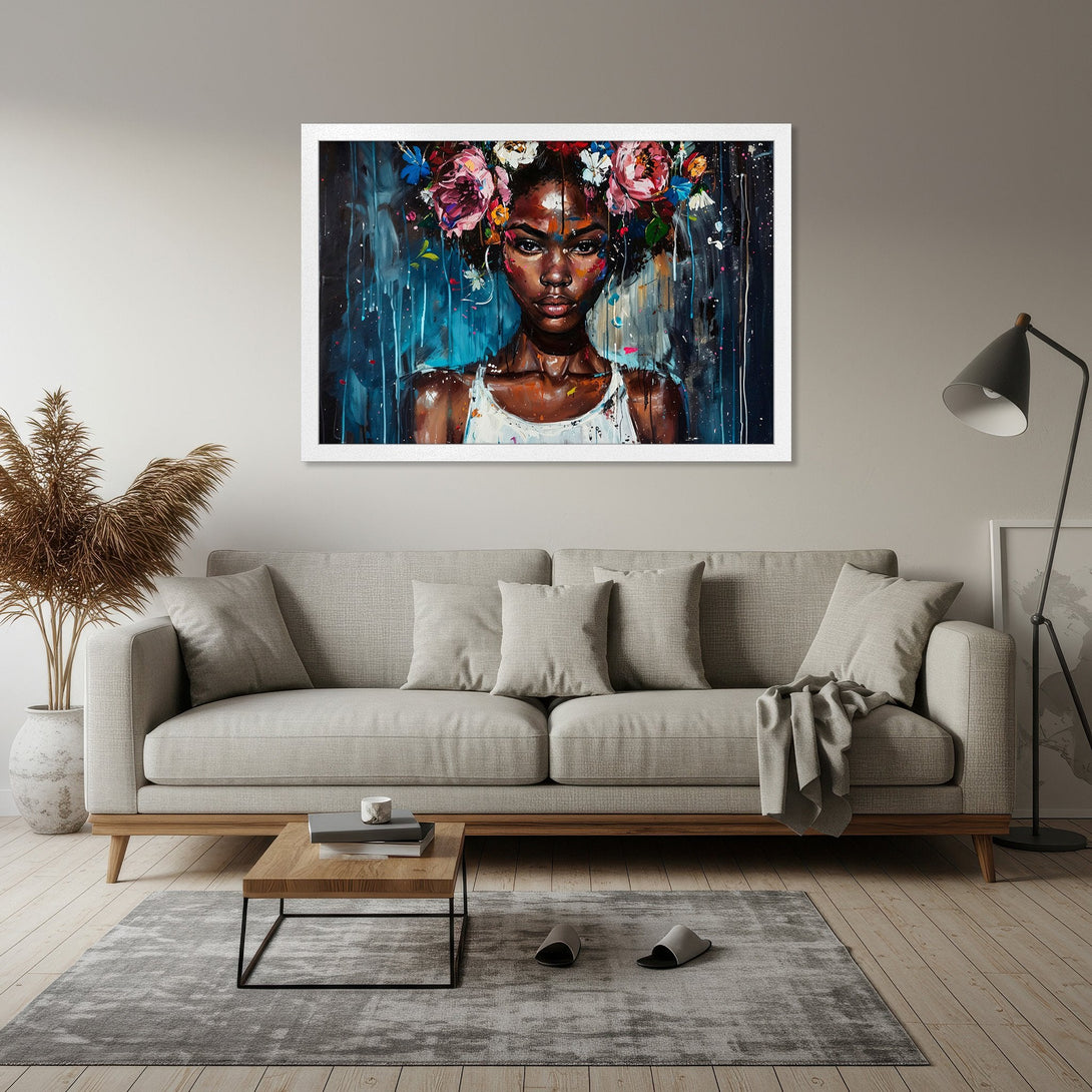 Framed Poster featuring an abstract portrait of a woman with floral crown, vibrant colors on a dark blue background. Perfect wall art!