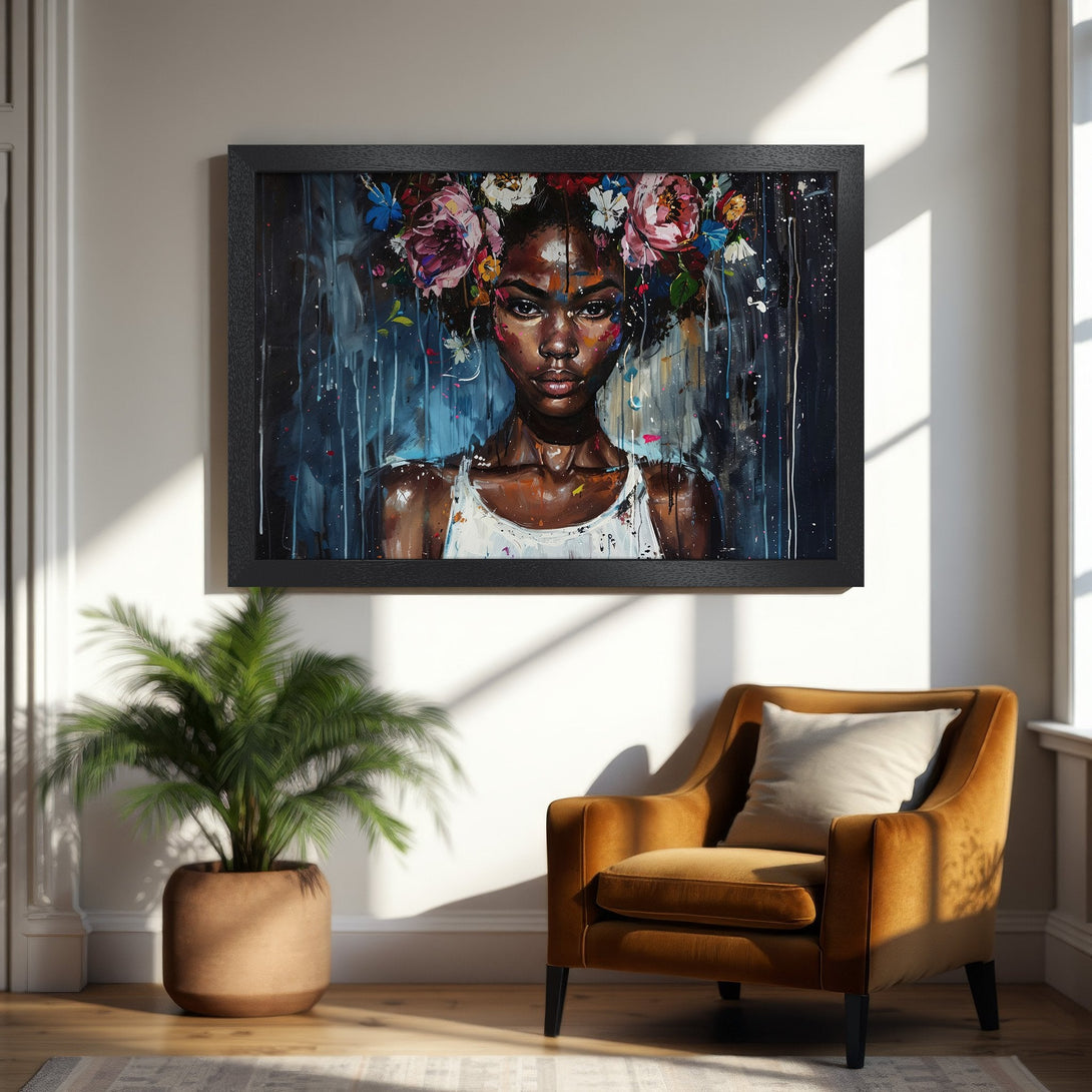 Framed Poster: Stunning portrait of a woman with floral crown, modern art style, featuring a blue, brown, and white color palette. Add art to your home!