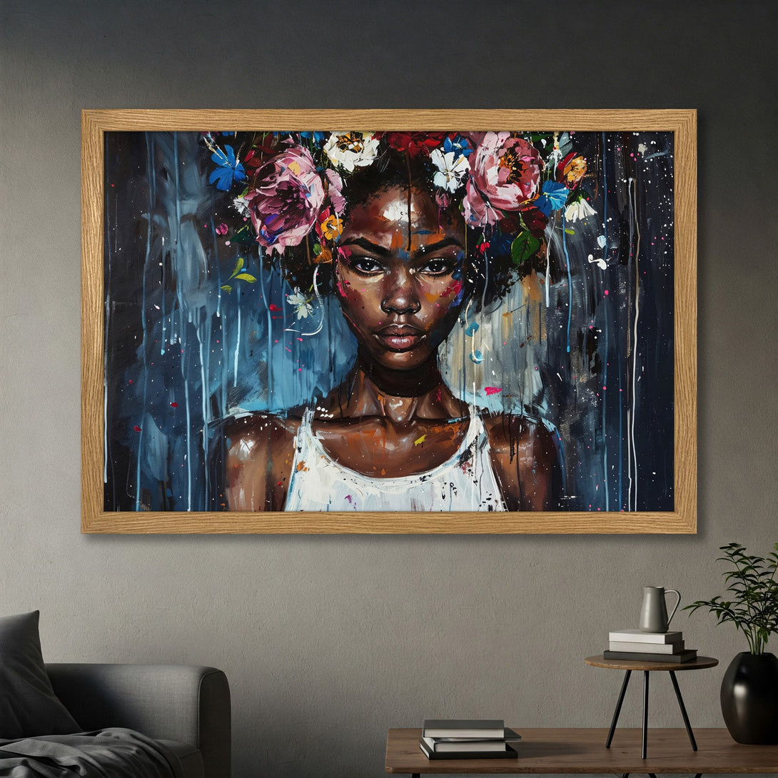 Framed Poster featuring a beautiful woman with floral crown, vibrant abstract art style, and a rich, moody color palette. Enhance your space!