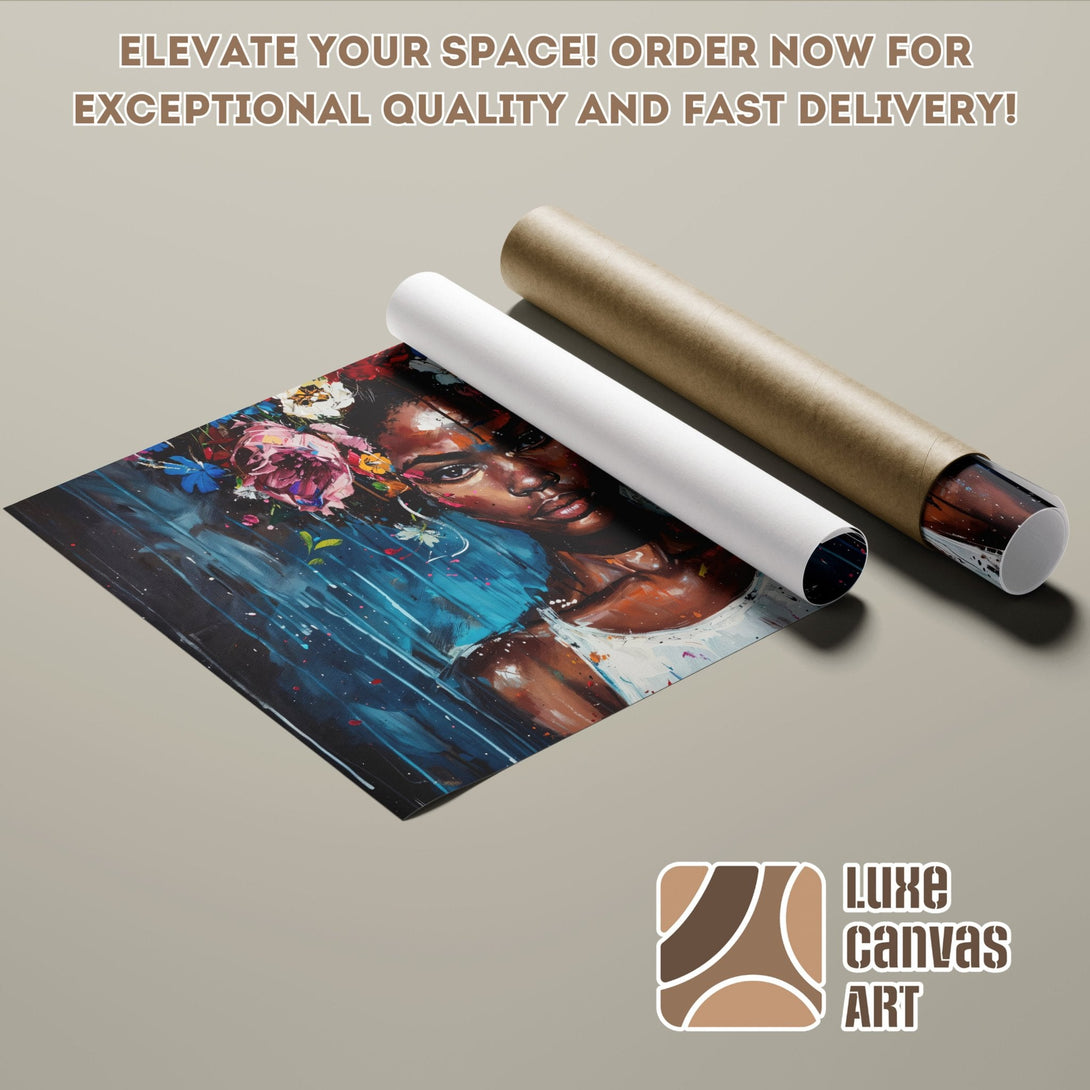 Poster Roll featuring a woman with flowers, in a vibrant, painterly style with a blue and brown color palette.