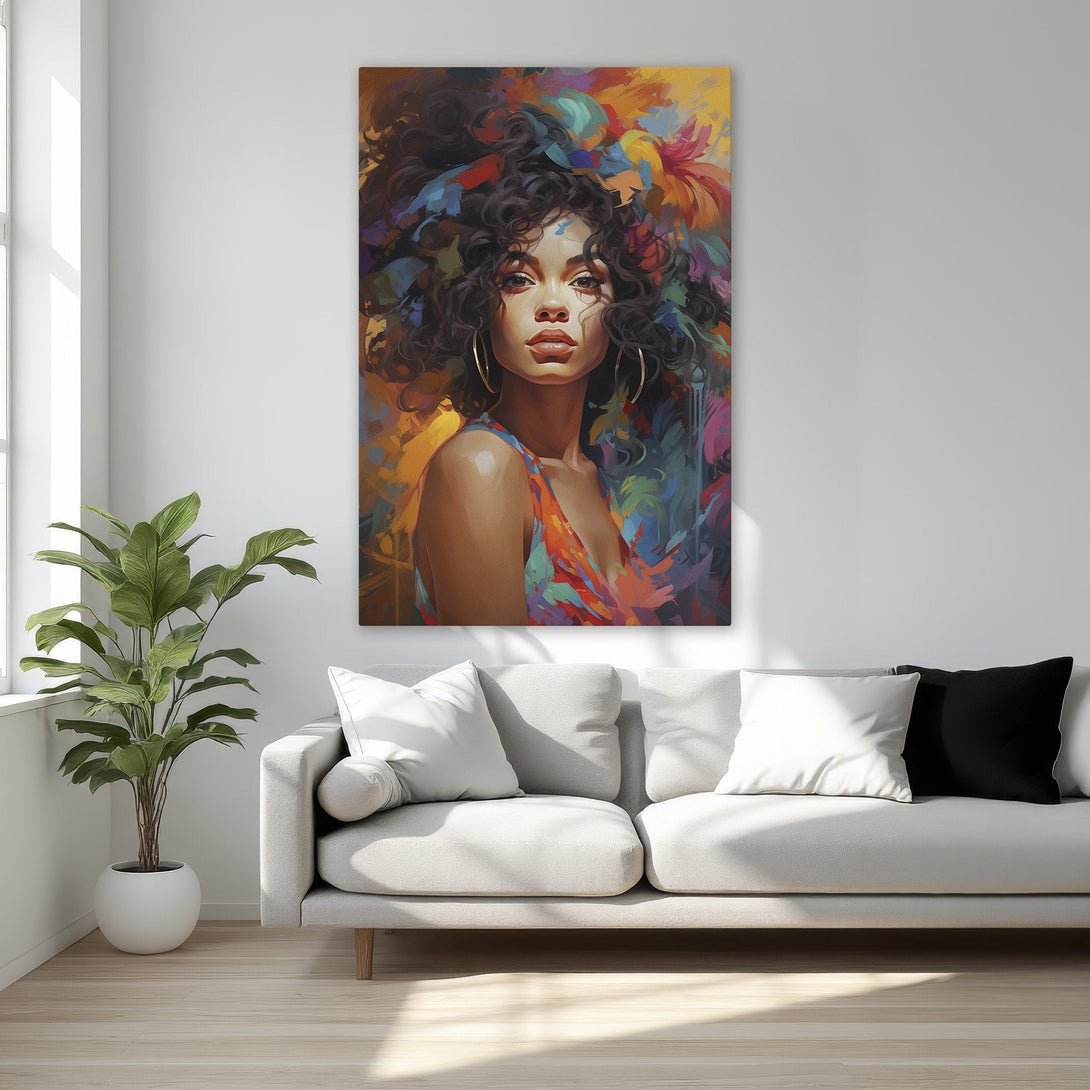 Framed Wall Art: Vibrant portrait of a woman with abstract floral elements. Colorful palette of reds, blues, and yellows. Perfect for modern home decor.