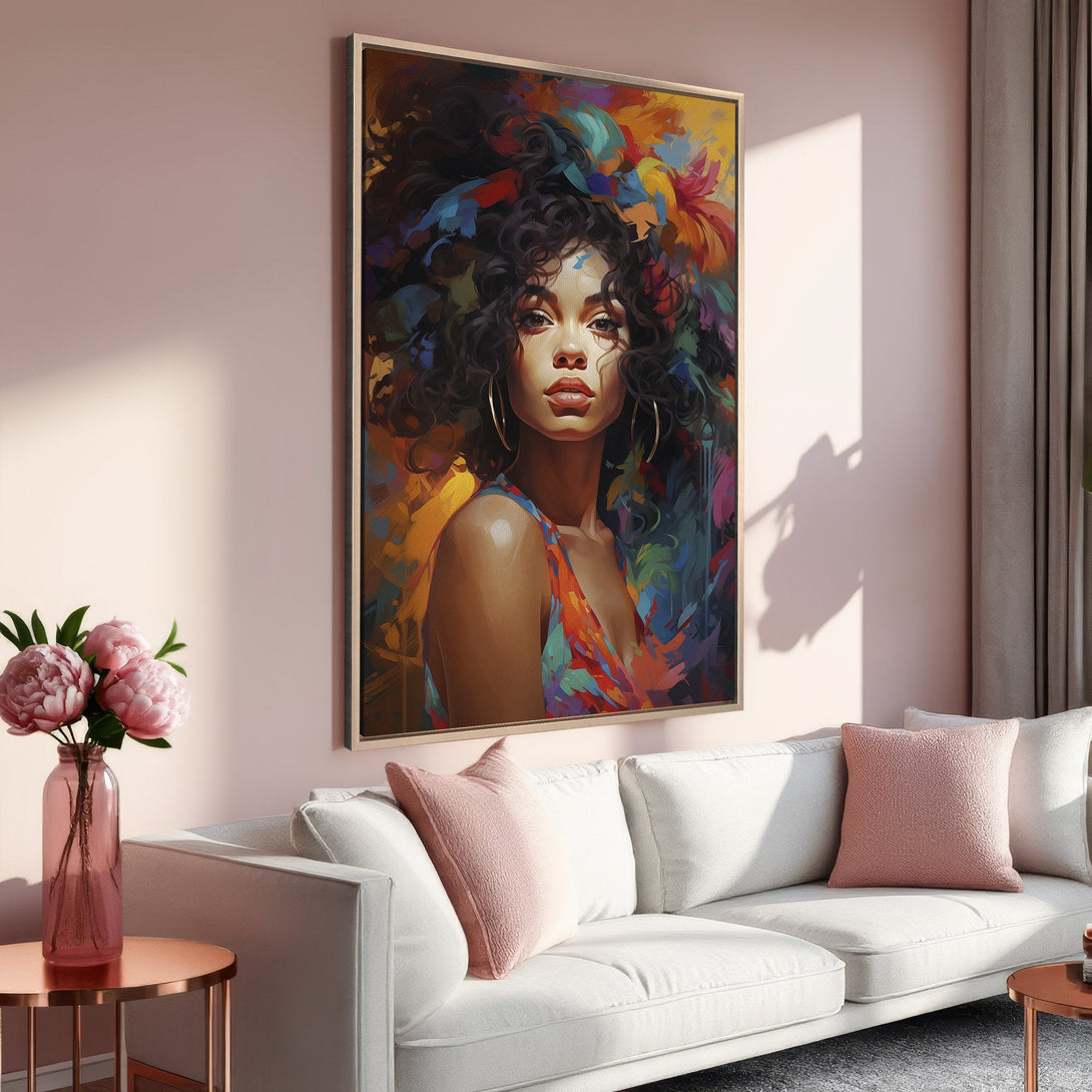 Framed Wall Art featuring a vibrant portrait of a woman with colorful hair. Modern style with a warm, colorful palette, perfect for adding art to your home.