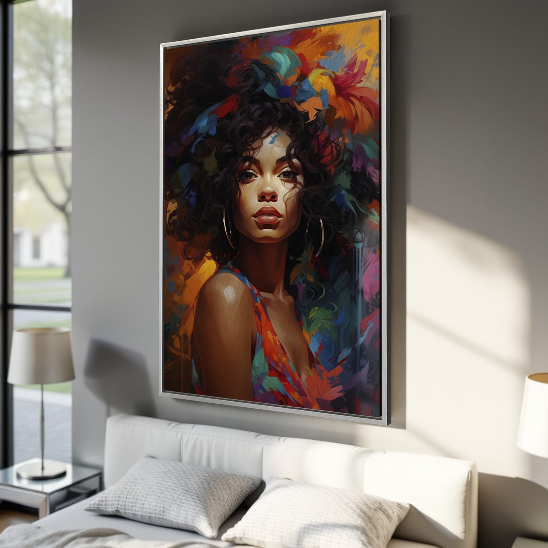 Framed Wall Art: Vibrant portrait of a woman with floral accents, colorful abstract style. Adds a pop of color to any interior.