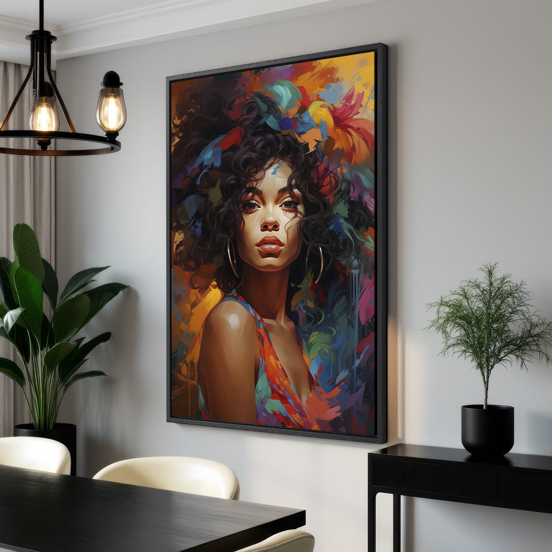 Framed Wall Art: Vibrant portrait of a woman with colorful floral background. Modern art canvas print with warm, bold color palette. Perfect home decor accent.