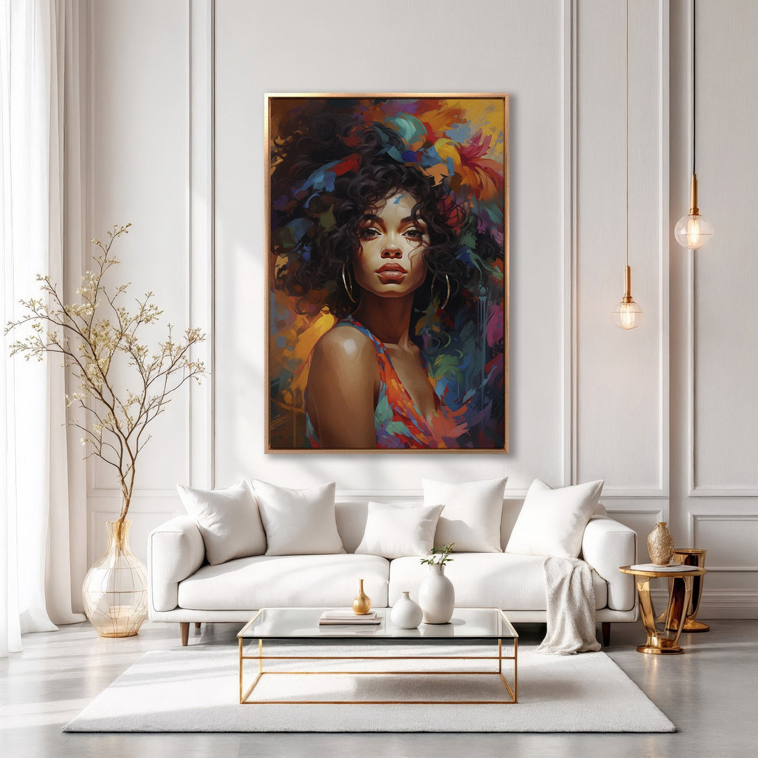 Framed Wall Art: Stunning portrait of a woman with colorful abstract background. Vibrant, modern Canvas Print with warm, inviting color palette. Perfect for any space!