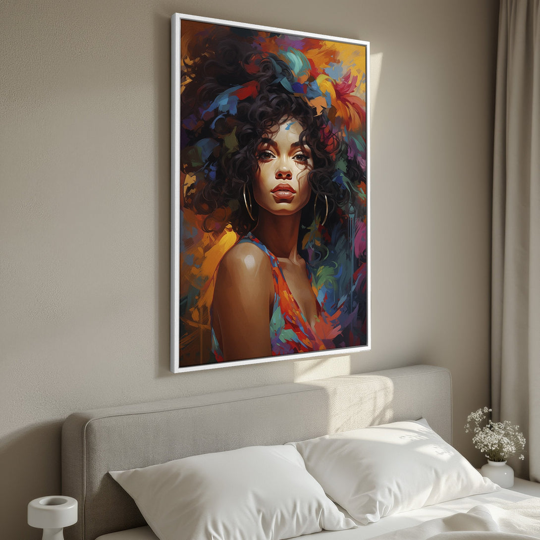 Framed Wall Art: Vibrant portrait of a woman with colorful hair. Abstract style with warm tones of orange, red, and blue. Perfect for bedroom decor.