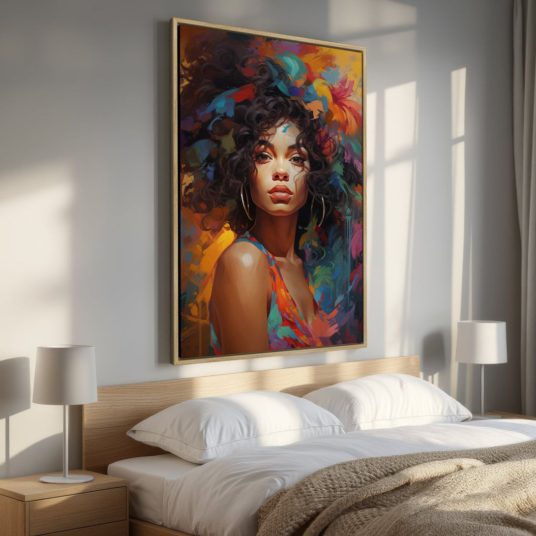 Framed Wall Art: Stunning portrait of a woman with colorful floral hair. Vibrant abstract style with warm, rich hues. Perfect bedroom decor.
