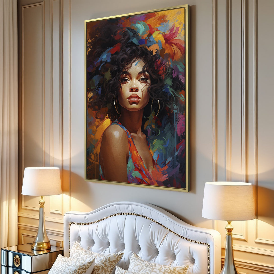 Canvas Print featuring a vibrant portrait of a woman with colorful hair. Modern art with a warm, expressive color palette. Perfect wall decor.