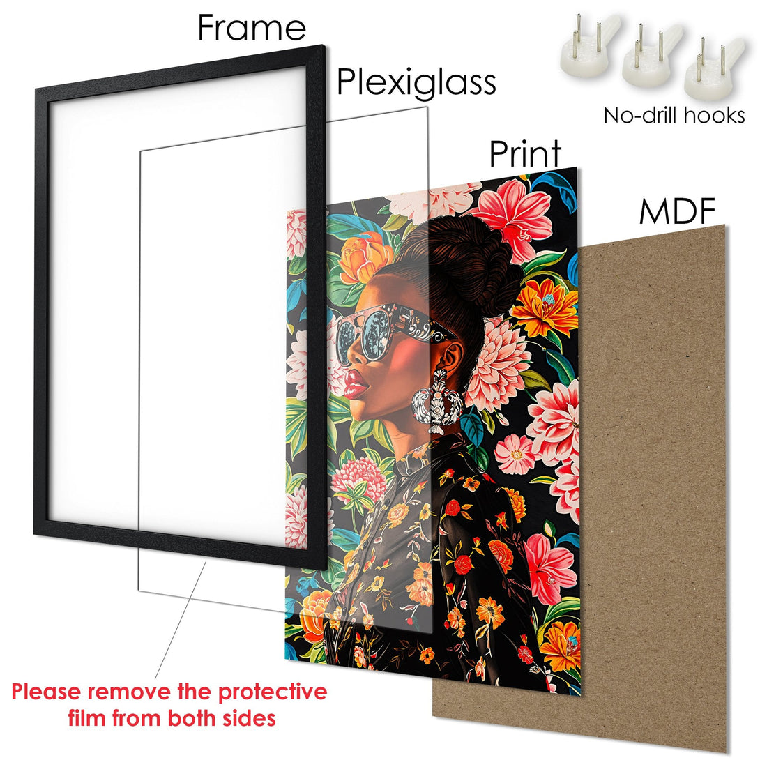 Framed Poster featuring a stylish woman with floral design, vibrant colors on a black background. Ready to hang!