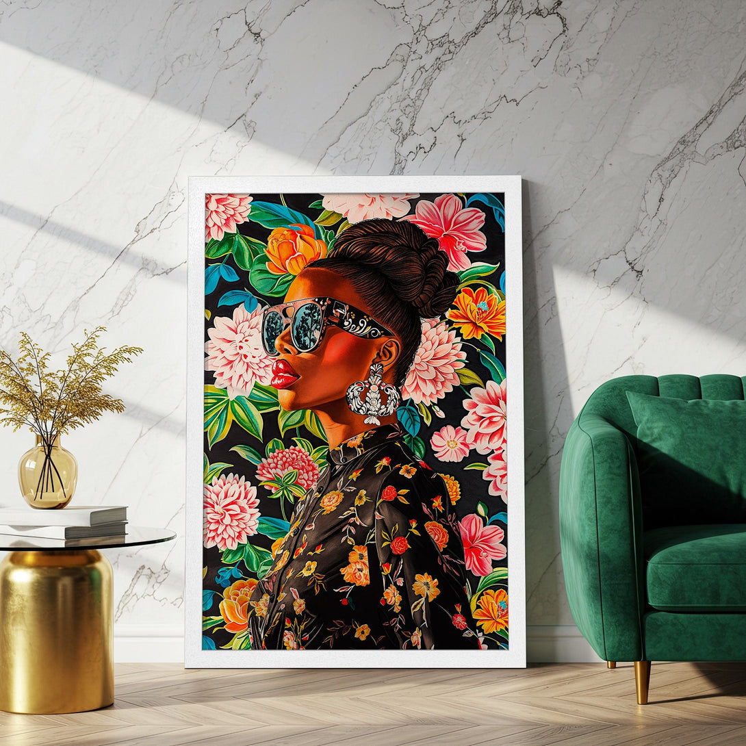 Framed Poster featuring a stylish woman with floral background. Vibrant colors and bold style. Perfect wall art for any space.