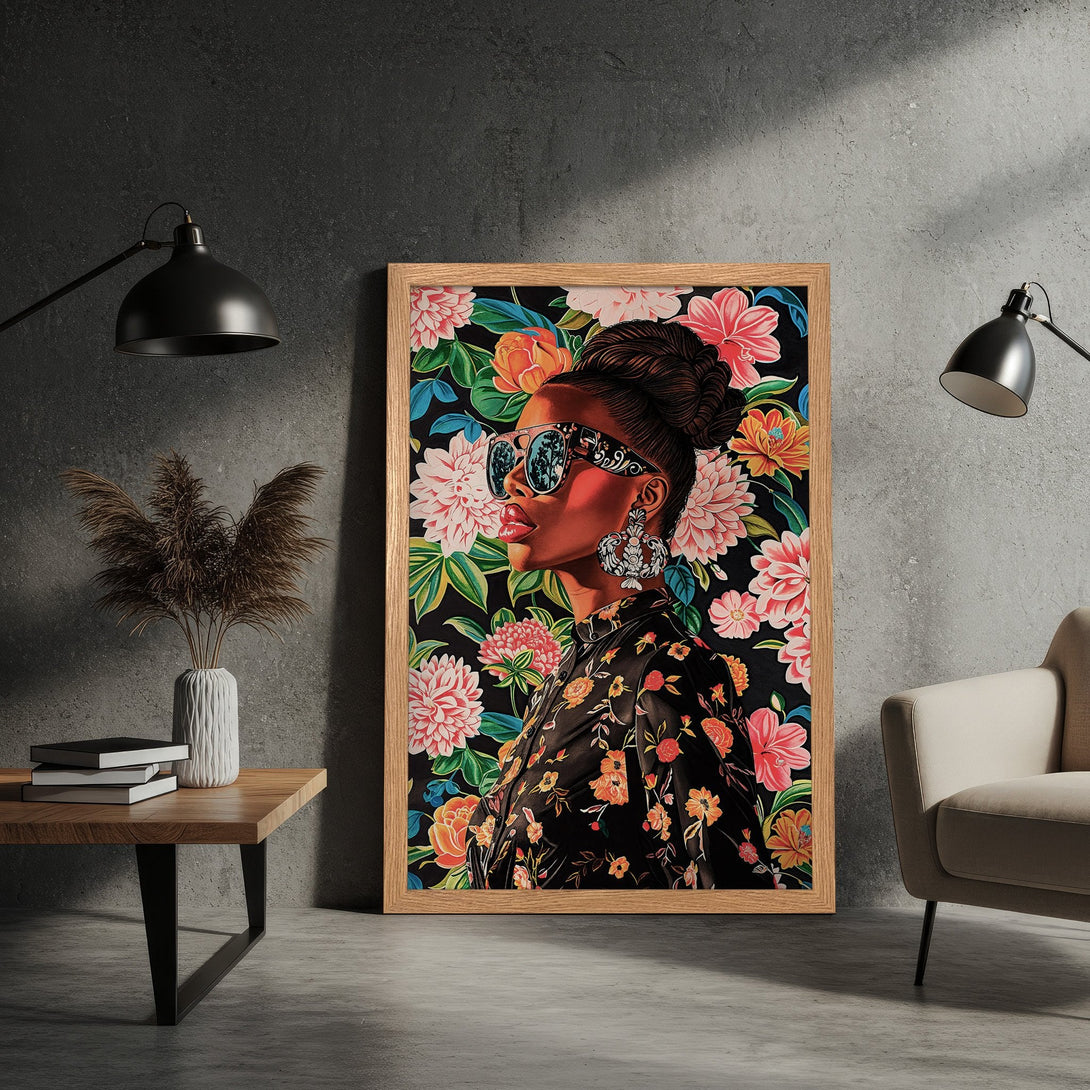 Framed Poster featuring a stylish woman with floral background. Vibrant colors and bold design. Perfect wall art for a modern home.