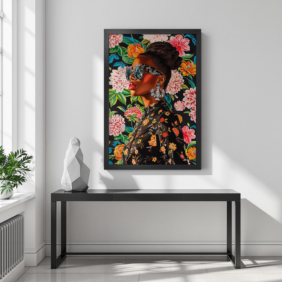 Framed Poster featuring a stylish woman with floral background. Vibrant colors and bold design, perfect wall art. Add flair to your space with this beautiful Poster!