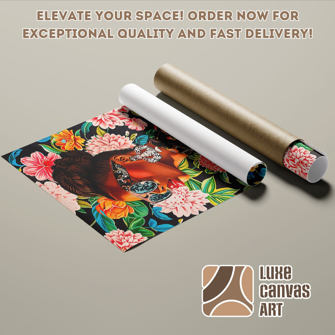 Poster Roll featuring a woman with floral details, vibrant colors on black background. Elevate your space with art!