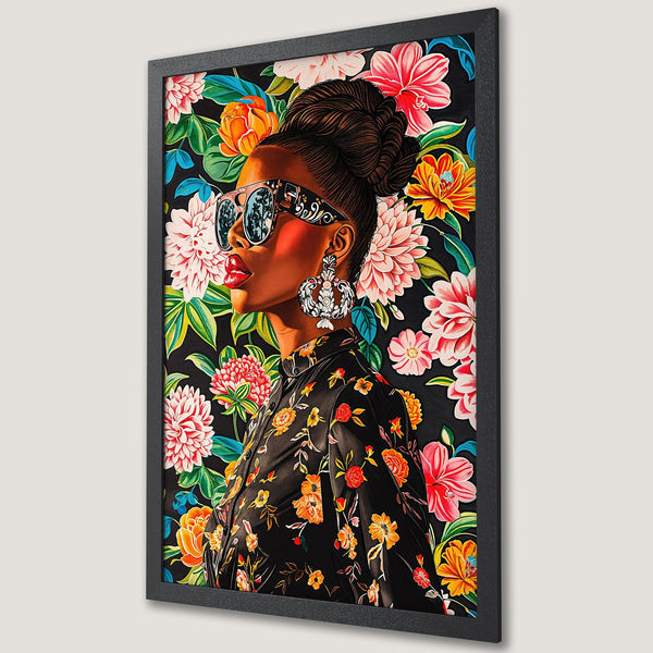 Framed Poster: Stylish woman with floral background. Vibrant colors, modern art print for home decor. Shop this stunning poster today!
