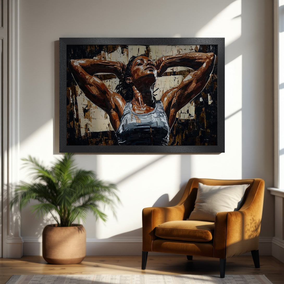 Framed Poster featuring a woman in an abstract style with a warm brown and black color palette. Perfect wall art for any space!