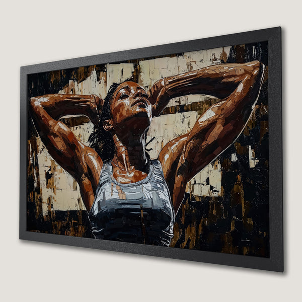 Framed Poster of a strong woman in a modern, abstract style. Earthy tones of brown, black, and beige create a powerful and inspiring art piece.