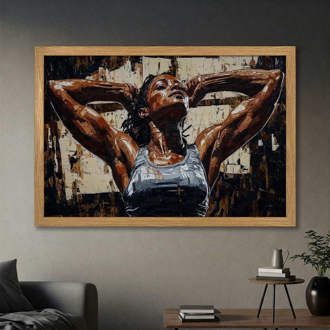 Framed Poster featuring a strong woman in a modern, textured style. Earthy tones & bold brushstrokes create a stunning piece of art.