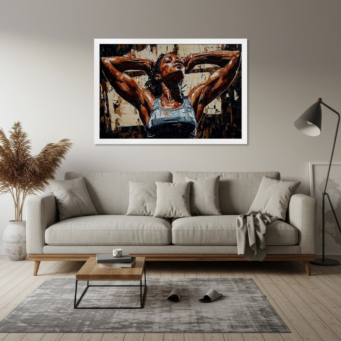 Framed Poster of athletic woman. Abstract style, warm brown & neutral color palette. Elevate your space with this stunning art print.
