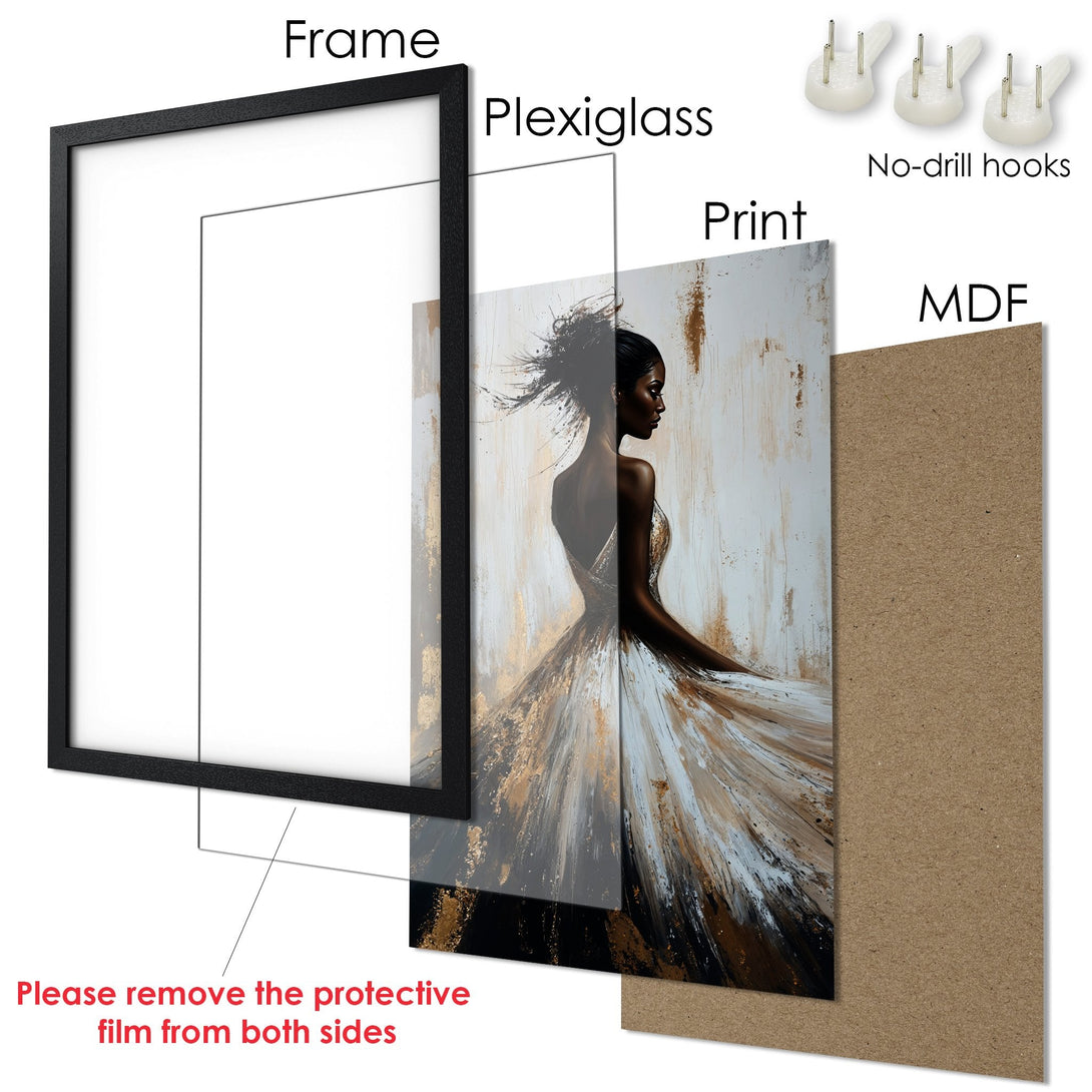 Framed Poster featuring a woman in an elegant dress, with abstract, gold and neutral color palette. Perfect wall art!