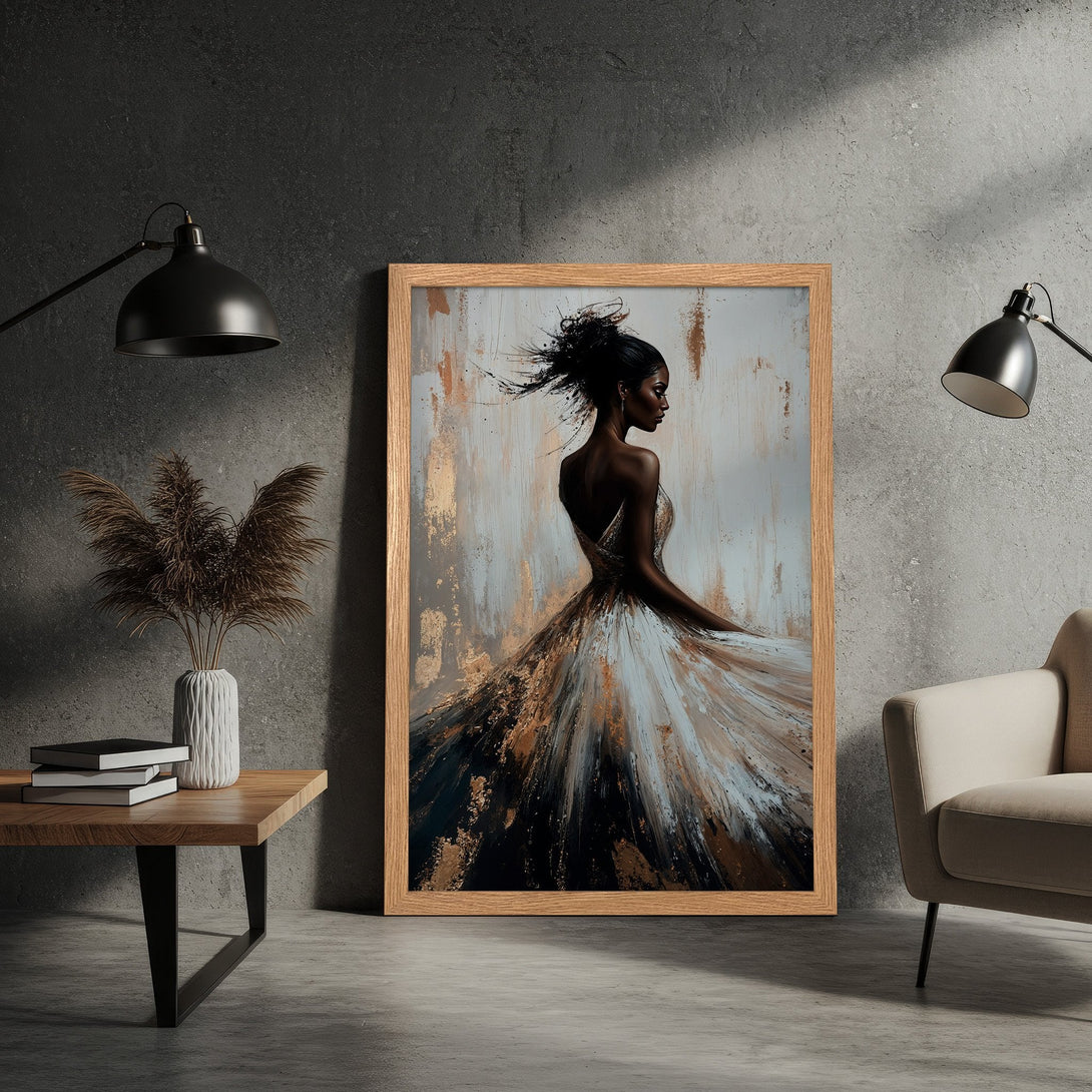 Framed Poster featuring an elegant woman in a flowing dress. Abstract style with a neutral, gold, and black color palette. Perfect wall art!
