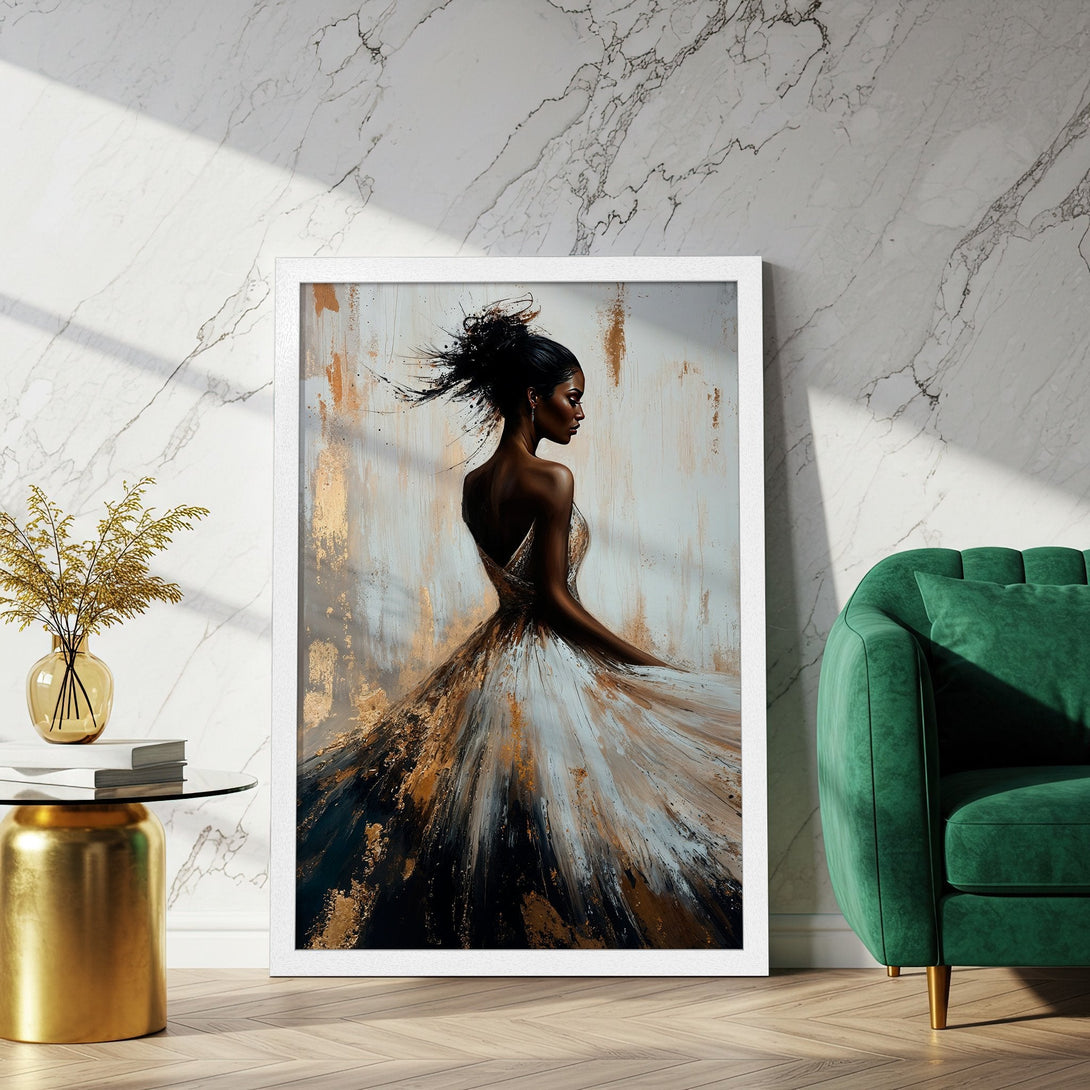 Framed Poster featuring an elegant woman in a flowing gown, abstract style, gold, white, and black color palette. Perfect wall art!