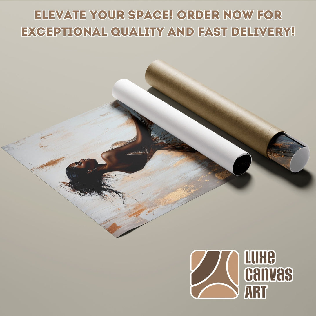 Abstract art Poster Roll featuring a woman, neutral palette with gold accents. Elevate your space with Luxe Canvas Art!