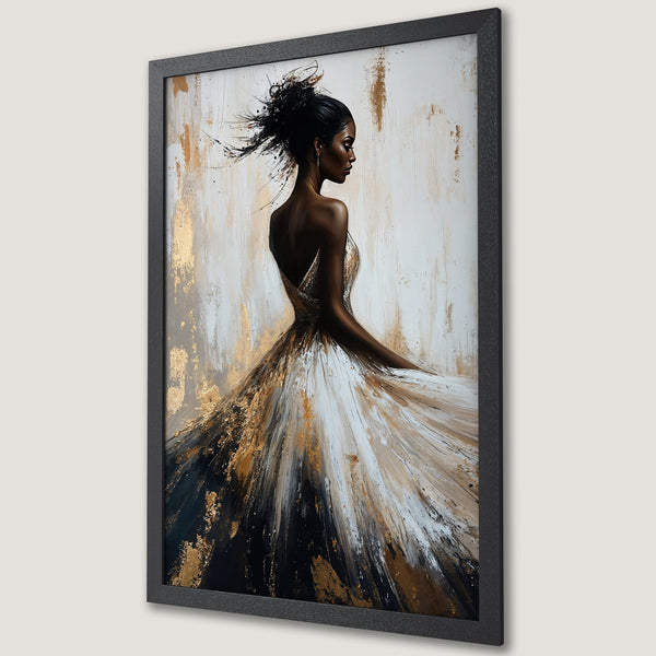 Framed Poster of elegant woman in abstract style with gold, black, and white color palette. Perfect wall art for any room.