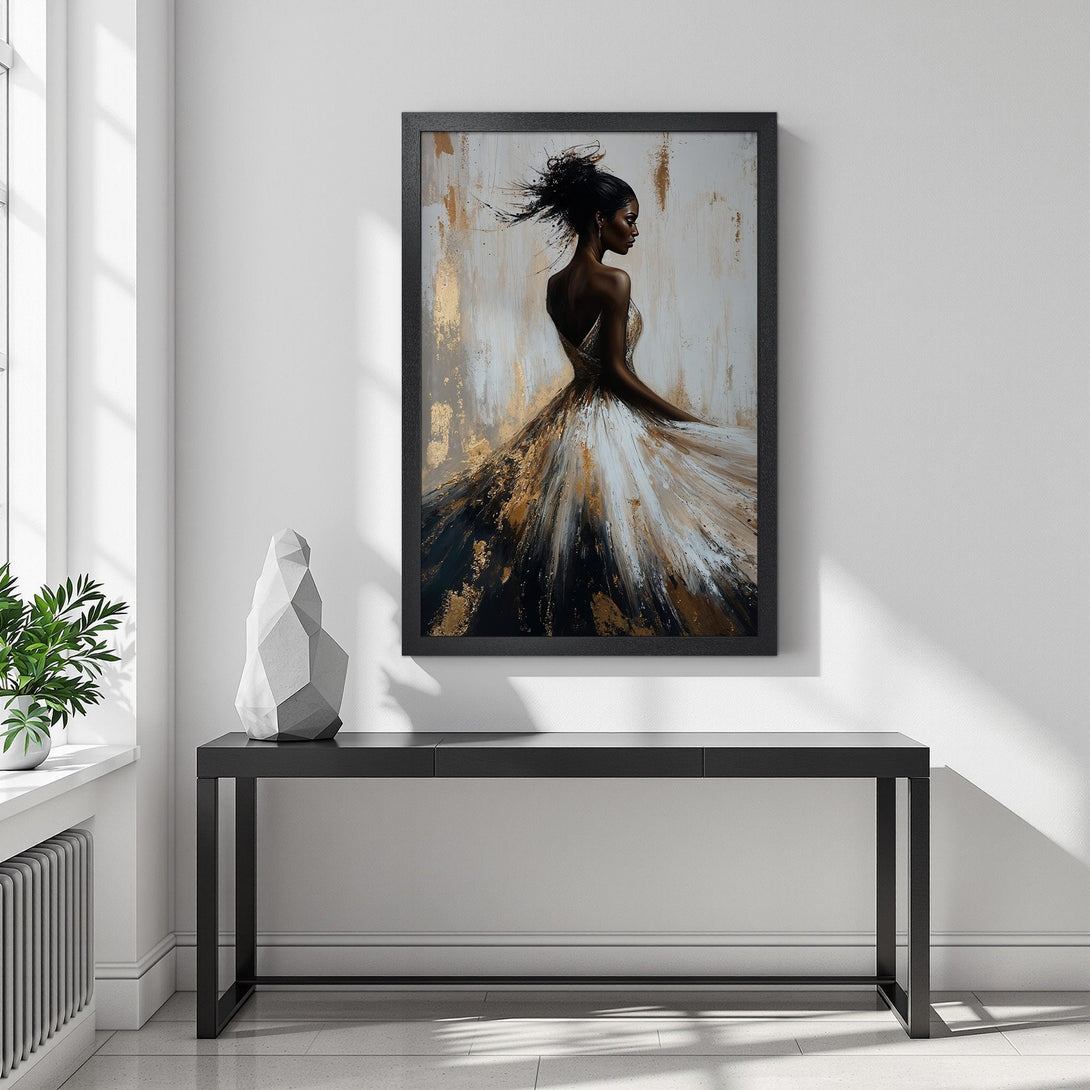 Framed Poster featuring a woman in a flowing dress. Abstract style with gold, black, and white color palette. Elevate your space with art!