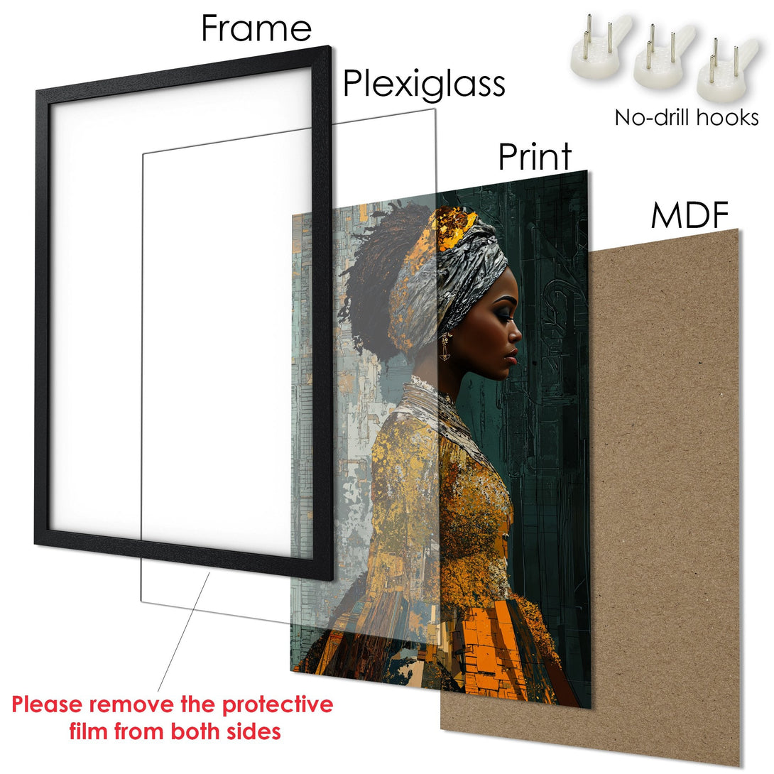 Framed Poster featuring a woman in a turban, artistic style with gold and teal tones. Ready to hang art for your home!