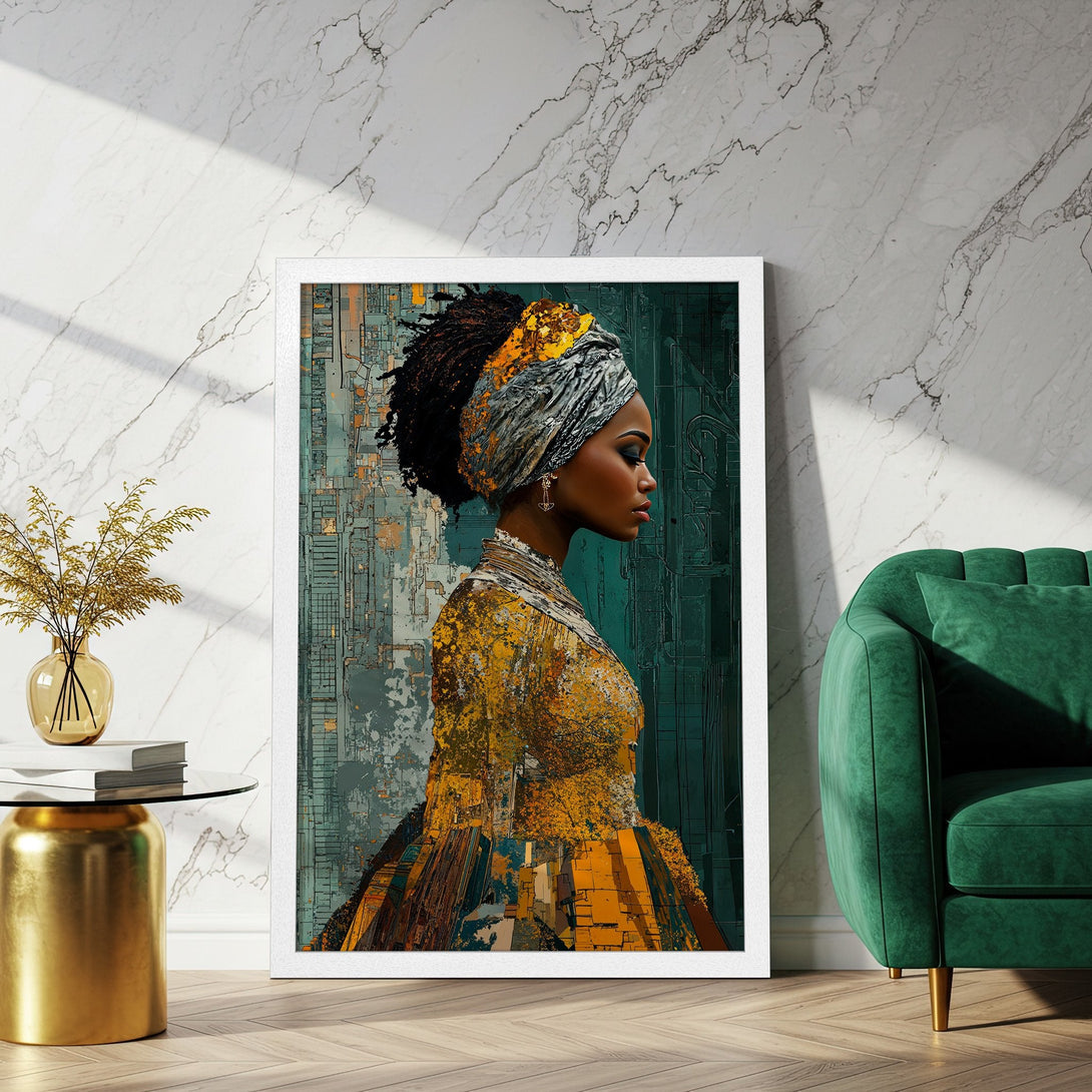 Framed Poster featuring a woman in profile, abstract style, with a gold, teal, and yellow color palette. Perfect wall art!