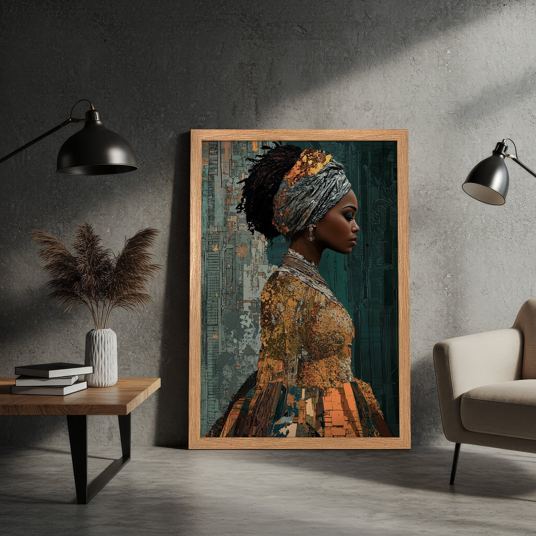 Framed Poster featuring an African woman in profile, artistic style, with a warm, earthy color palette. Perfect wall art!