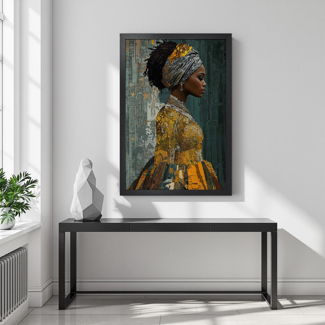 Framed Poster featuring a woman in a turban, artistic style, with a gold and teal color palette. Add elegance to your decor!
