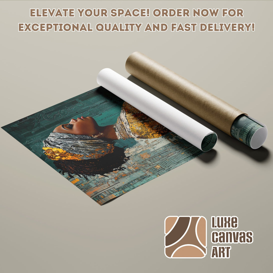 Abstract art poster roll featuring a woman's portrait with teal, gold, and brown tones. Order your Poster today!