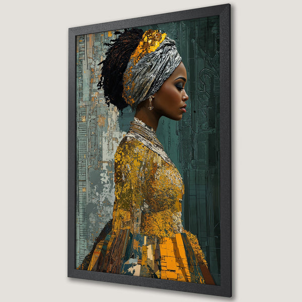 Framed Poster featuring a stylish Black woman in yellow & grey, abstract art style, with a teal and gold color palette.