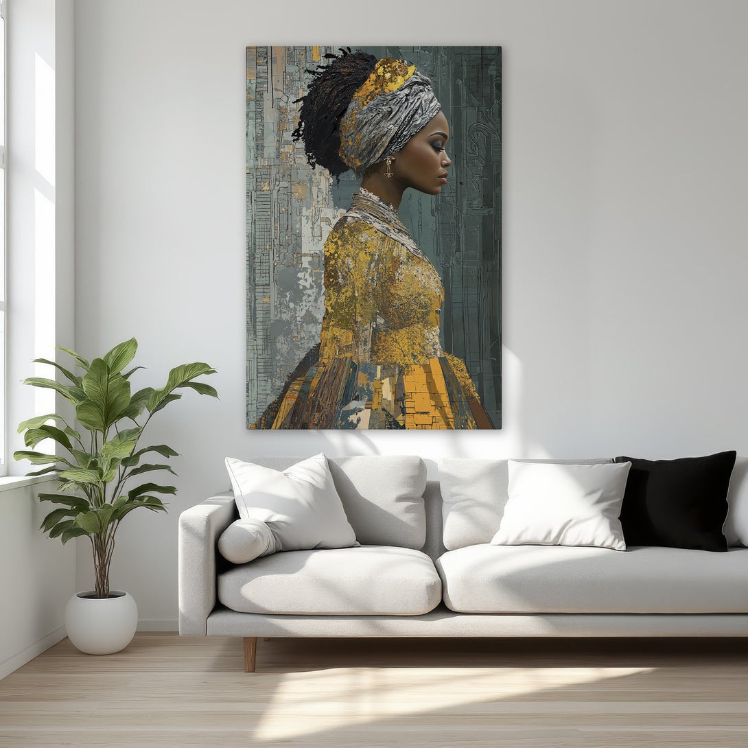 Framed Wall Art featuring a portrait of a woman in a turban. Modern art with a yellow, gray, and gold color palette. Perfect for bedroom decor.