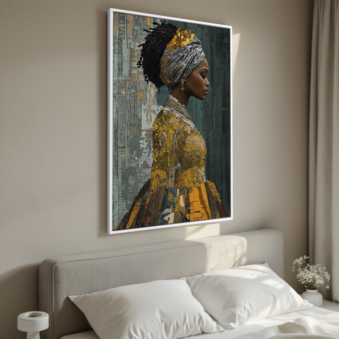 Framed Wall Art: Elegant portrait of a woman in a headwrap, abstract style with gold and muted tones. Perfect bedroom decor.