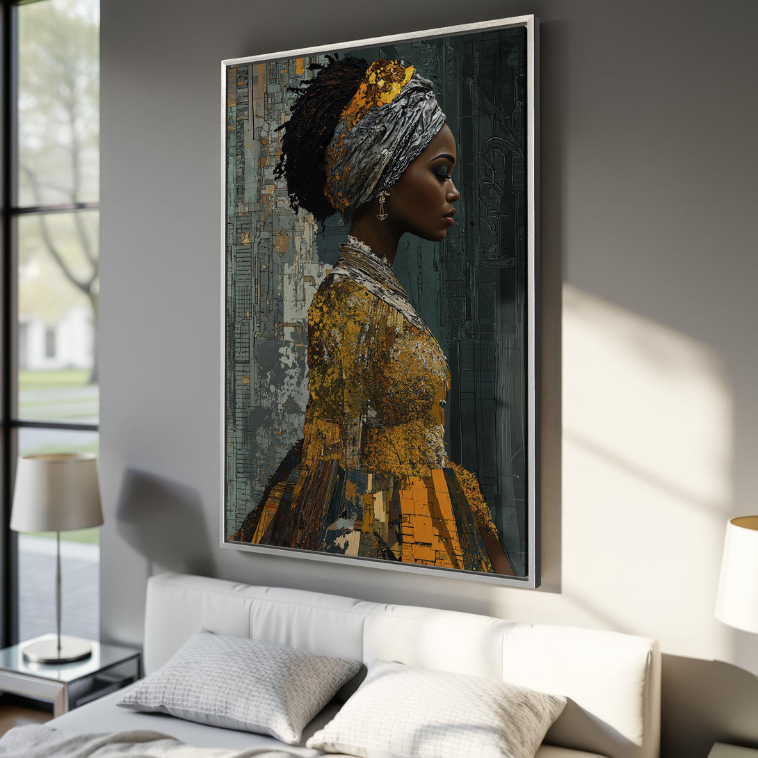 Framed Wall Art featuring a profile portrait of a woman in a yellow and grey dress. Abstract style with a muted color palette. Perfect for bedroom decor.