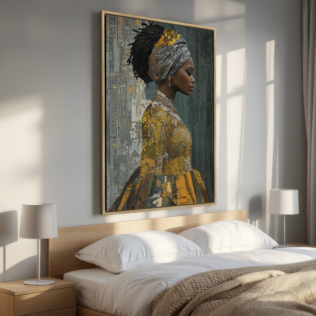 Framed Wall Art: Abstract portrait of a woman with a gold and gray color palette. Modern art for bedroom decor. Add a touch of elegance to your space.