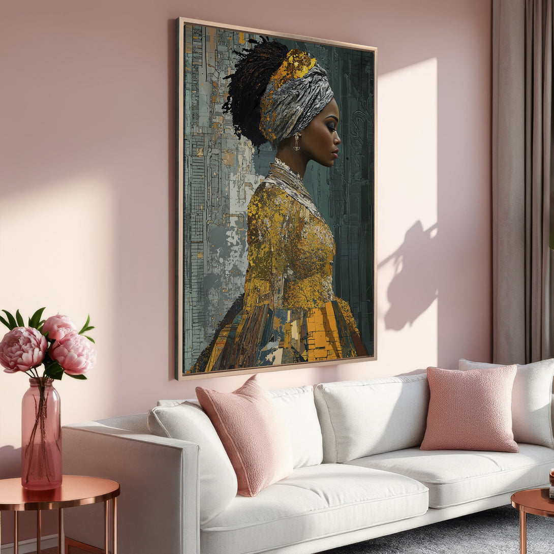 Framed Wall Art: Abstract portrait of a woman in gold and gray tones. Modern art canvas print with a blush pink and neutral color palette.
