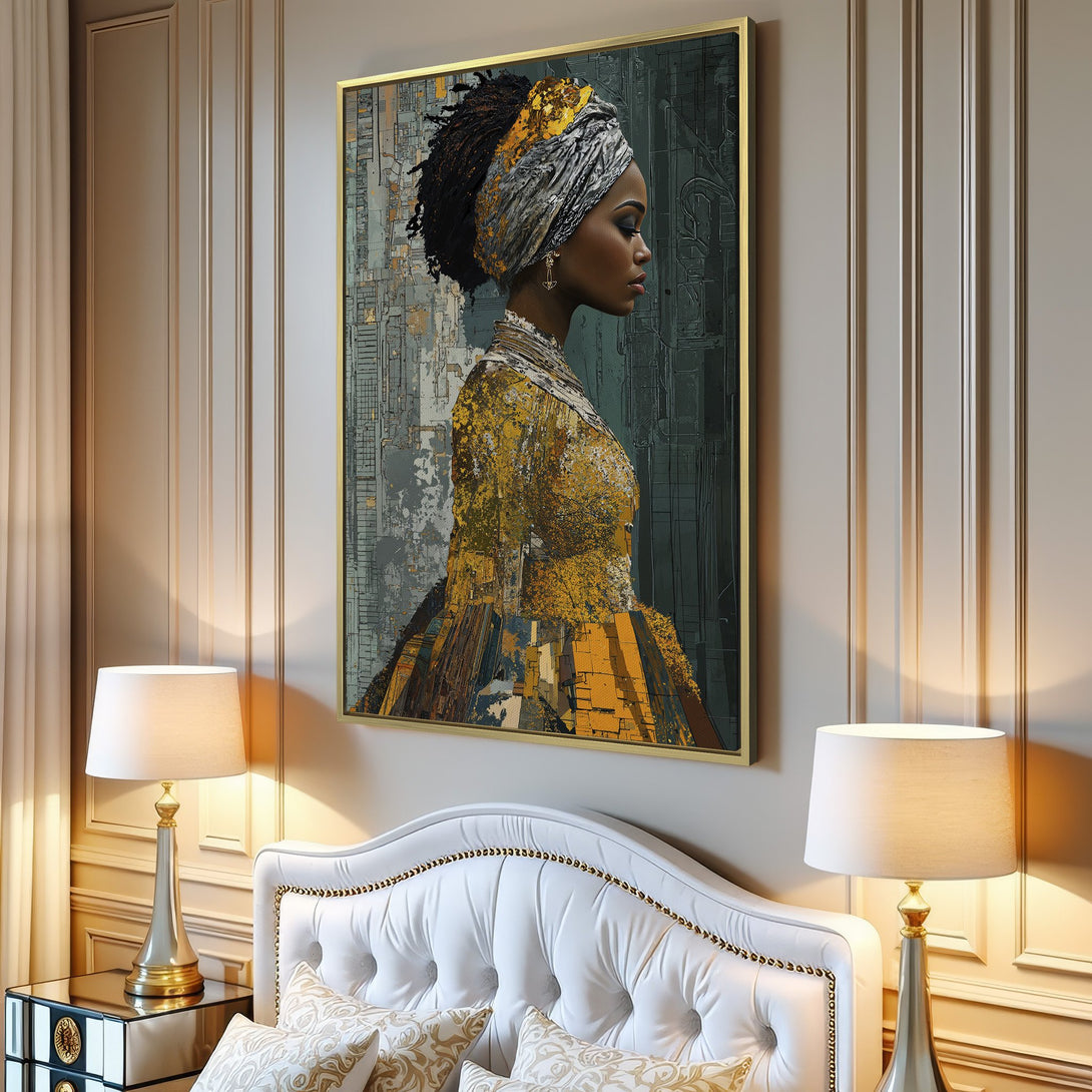 Canvas Print of a woman in profile, abstract style, with a gold and gray color palette, adding elegance to any space.