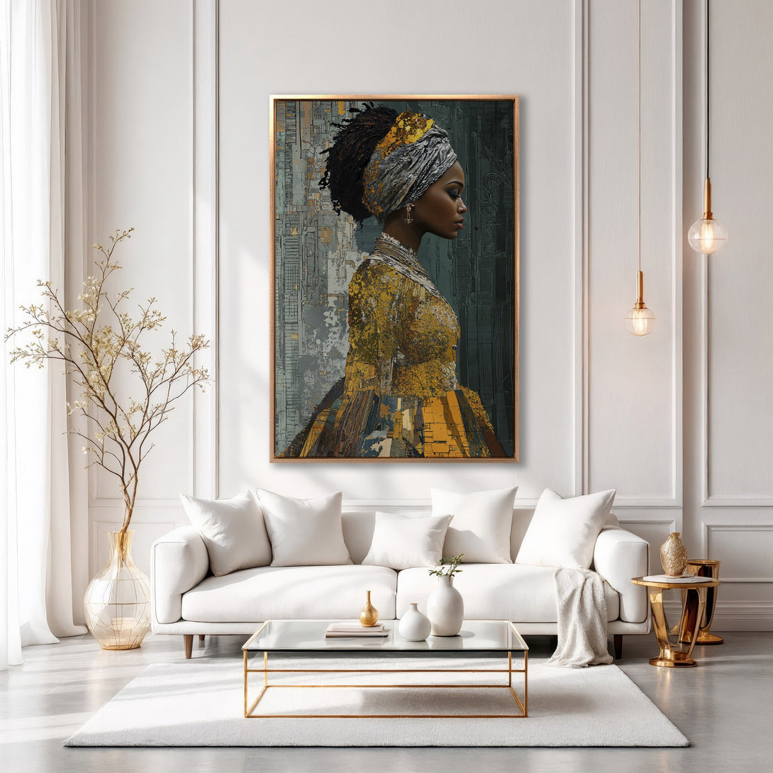 Framed Wall Art: Abstract portrait of a woman in gold and gray tones. Modern Canvas Print adds elegance to a white living room.